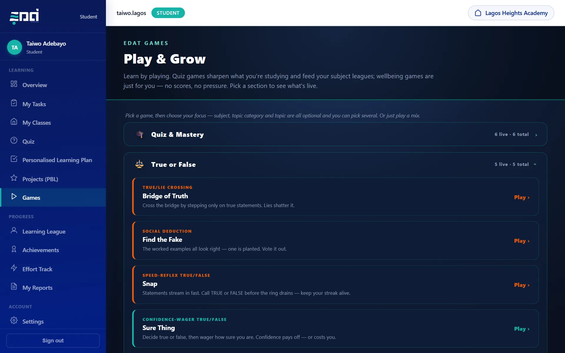 The games hub with learning games grouped by type