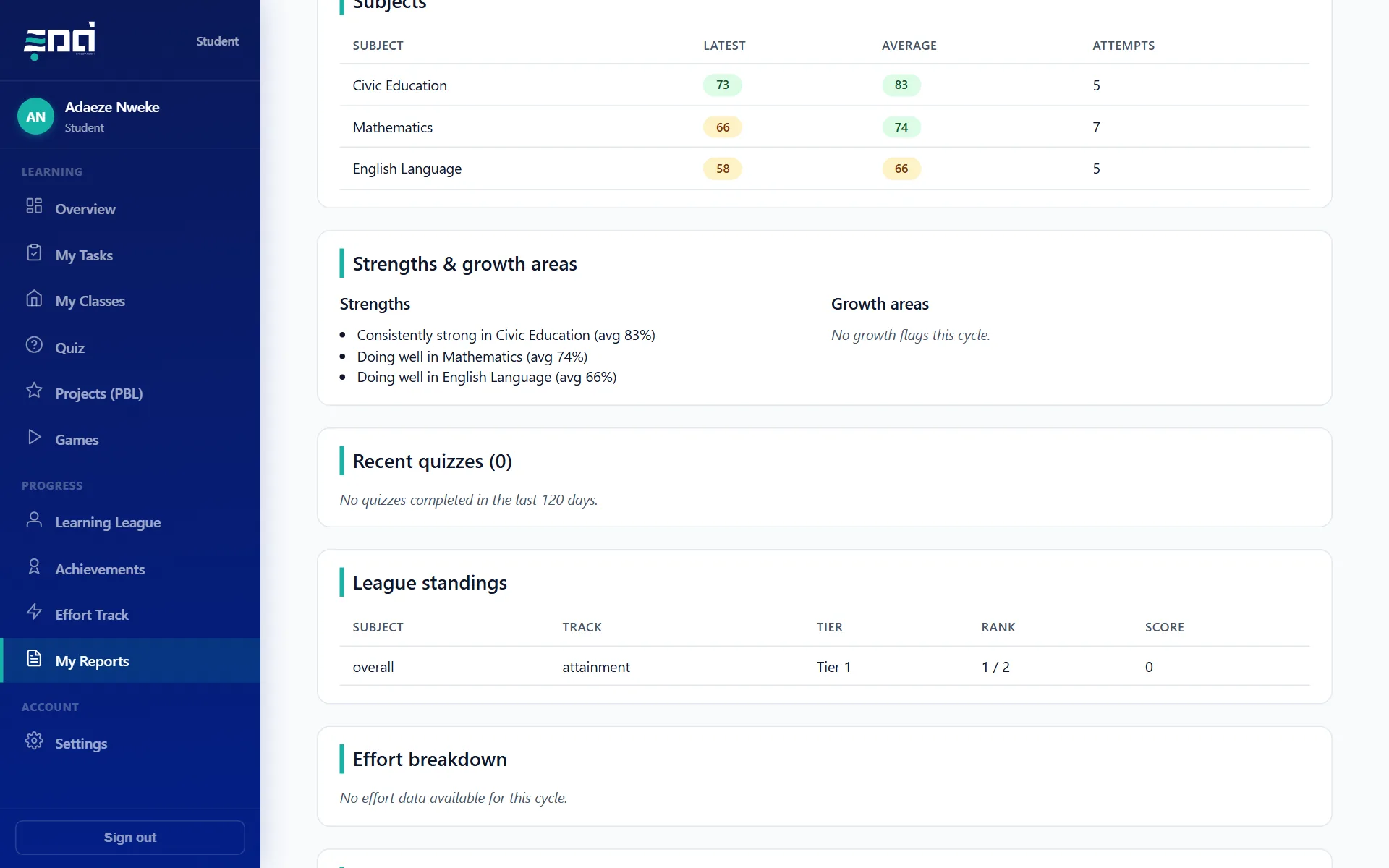 A pupil report with charts and a written summary